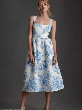 NWT Sachin + Babi Blaine Taffeta Square Neck Midi Dress w/Floral Chinoserie. 8